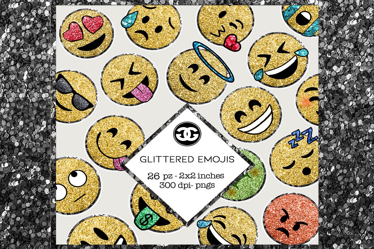 Creativemarket Glitter Emoji Clip arts png set слив курса