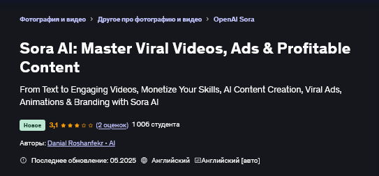 Дэниел Рошенфекр Sora AI: мастер вирусных видеороликов, рекламы и прибыльного контента 2025 слив курса