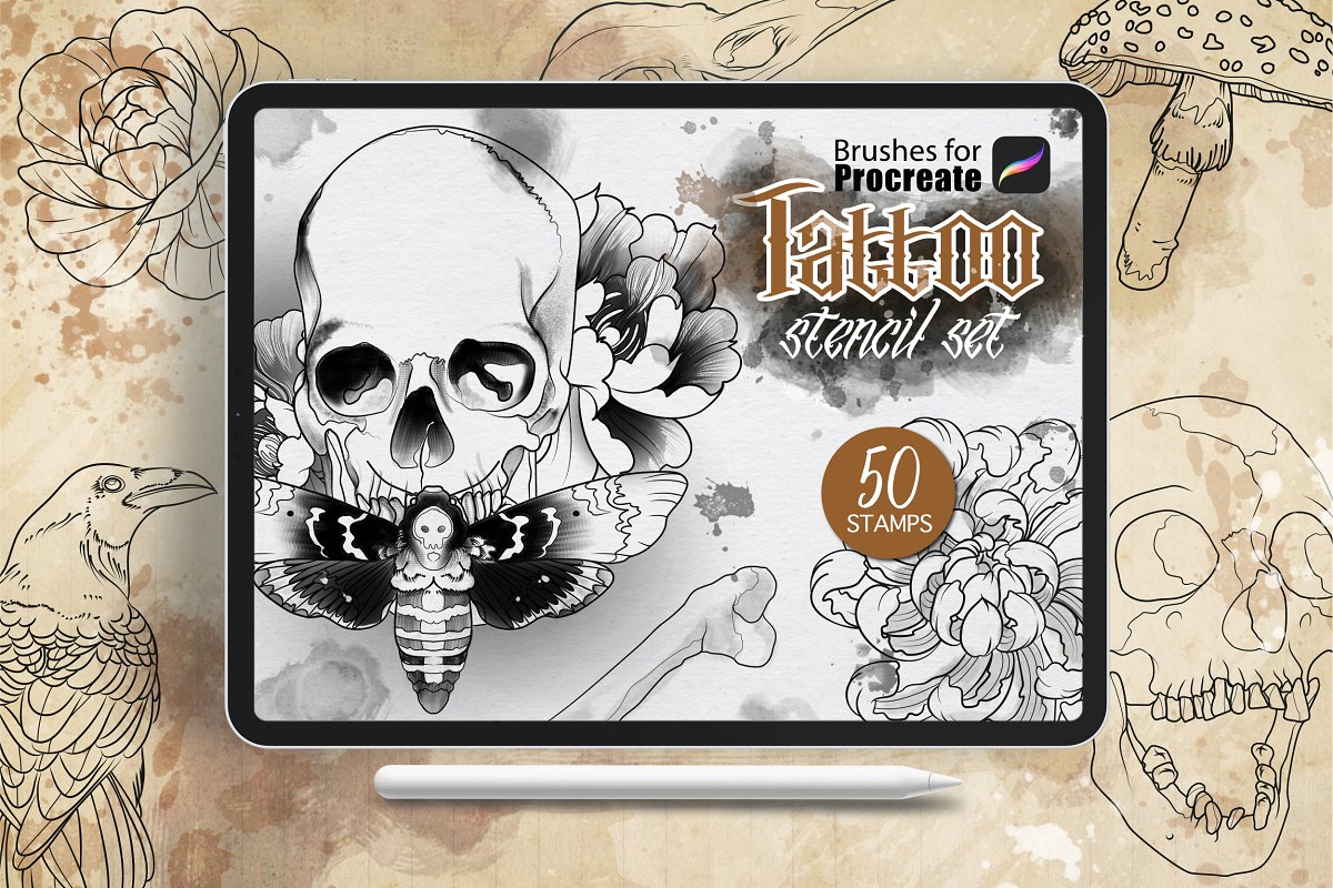 Сreativemarket Procreate - Tattoo Basic Stencil Set 2020 слив курса