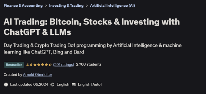 Арнольд Оберлейтер Udemy AI Trading: биткоин, акции и инвестирование с ChatGPT и LLM 2025 слив курса