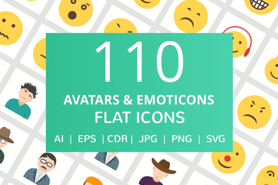 Creativemarket 110 Avatars & Emoticons Flat Icons слив курса