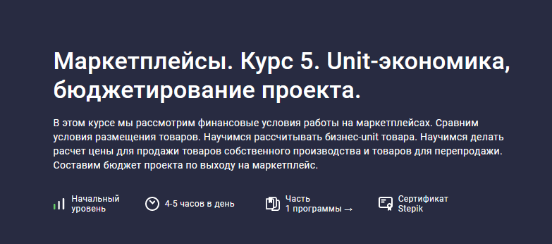 Анастасия Эджингтон Stepik Маркетплейсы. Курс 5. Unit-экономика, бюджетирование проекта 2023 слив курса