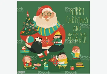 istockphoto Cartoon Santa with kids stock illustration 2021 слив