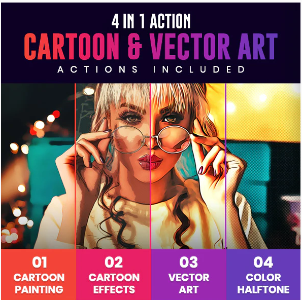 Graphicriver 4 in 1 Cartoon & Vector Art Photoshop Actions 2020 слив курса
